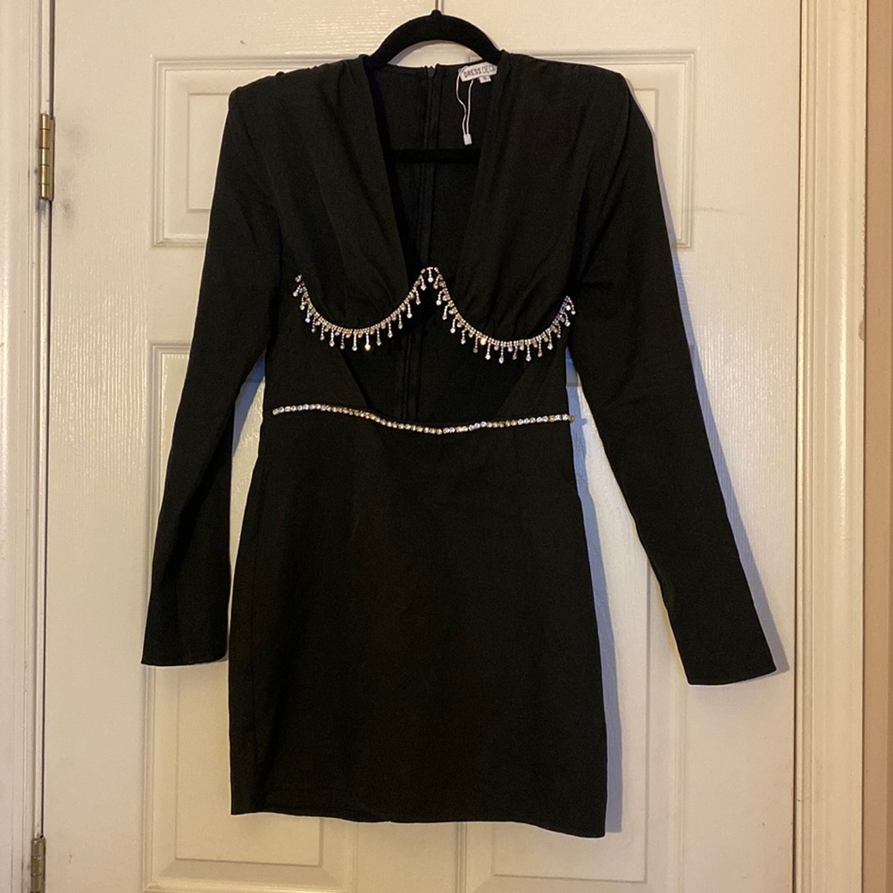 Black Power Shoulder Cut out Mini Dress with Rhinestone Bust detail. Size small